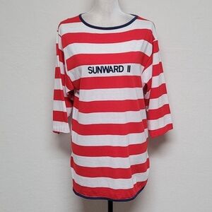 Rare Vintage 70s Sunward II Single Stitch Red White Striped Quarter Sleeve Tee